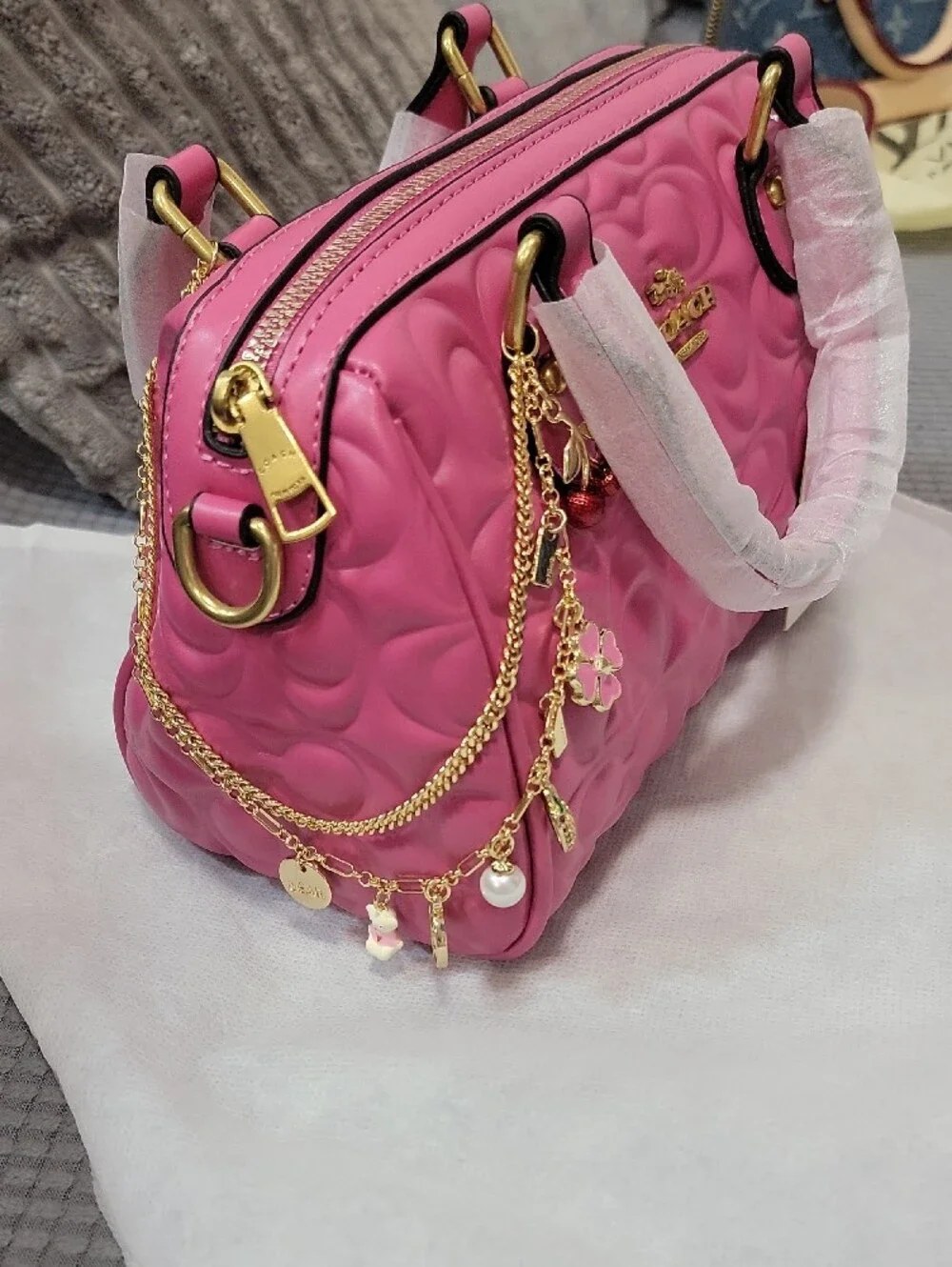 Fashion Pink Embossed Leather Top-Handle Satchel